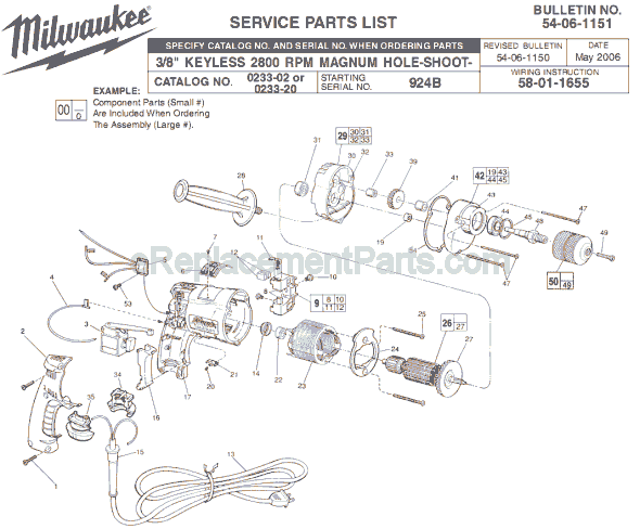 Page A Diagram and Parts List for 0233-20 SER 924B Milwaukee Electric Drill
