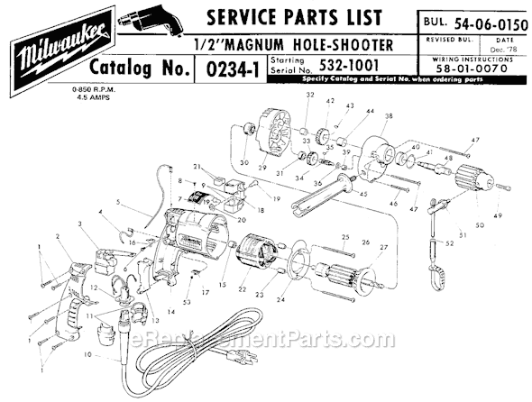 Page A Diagram and Parts List for 0234-1 SER 532-1001 Milwaukee Electric Drill