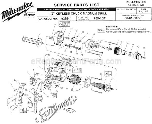 Page A Diagram and Parts List for 0235-1 SER 755-1001 Milwaukee Electric Drill