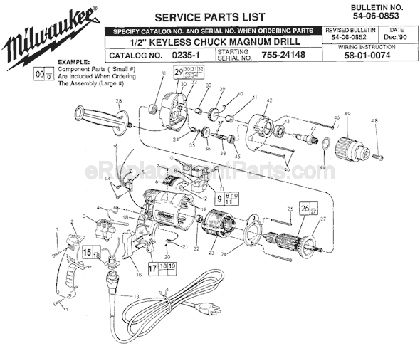 Page A Diagram and Parts List for 0235-1 SER 755-24148 Milwaukee Electric Drill