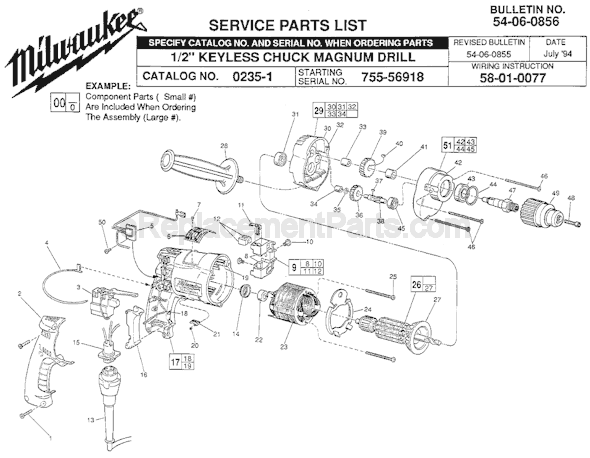 Page A Diagram and Parts List for 0235-1 SER 755-56918 Milwaukee Electric Drill