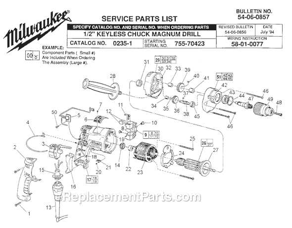 Page A Diagram and Parts List for 0235-1 SER 755-70423 Milwaukee Electric Drill