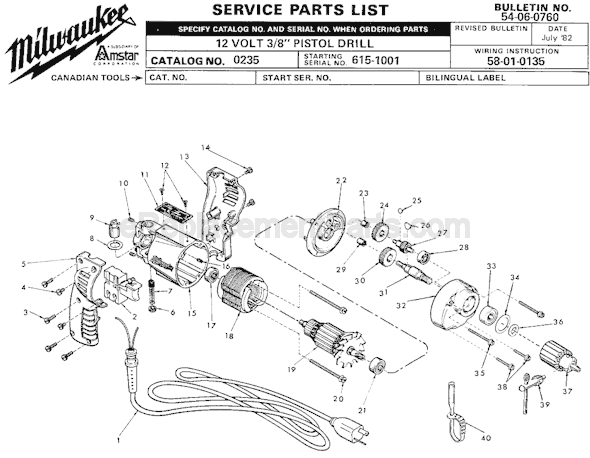 Page A Diagram and Parts List for 0235 SER 615-1001 Milwaukee Electric Drill