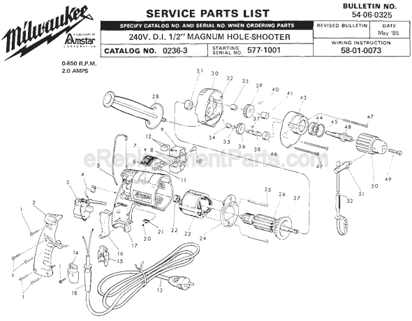 Page A Diagram and Parts List for 0236-3 SER 577-1001 Milwaukee Electric Drill