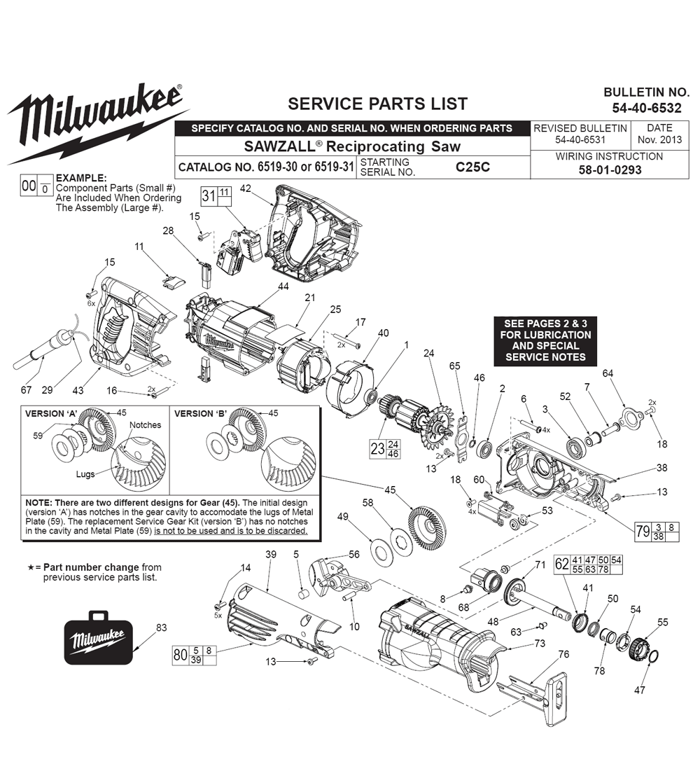 Fig-0 Diagram and Parts List for 6519-31 C25C Milwaukee Reciprocating Saw
