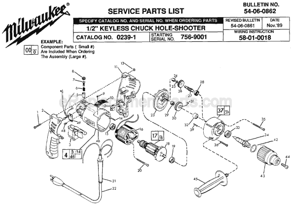 Page A Diagram and Parts List for 0239-1 SER 756-9001 Milwaukee Electric Drill