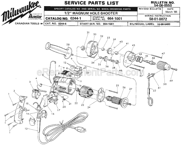 Page A Diagram and Parts List for 0244-1 SER 664-1001 Milwaukee Electric Drill