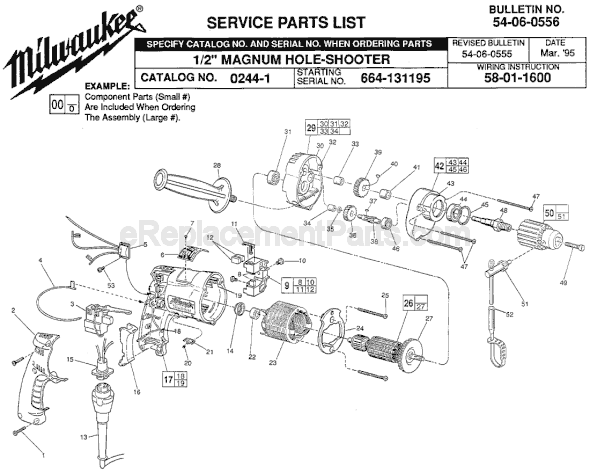 Page A Diagram and Parts List for 0244-1 SER 664-131195 Milwaukee Electric Drill