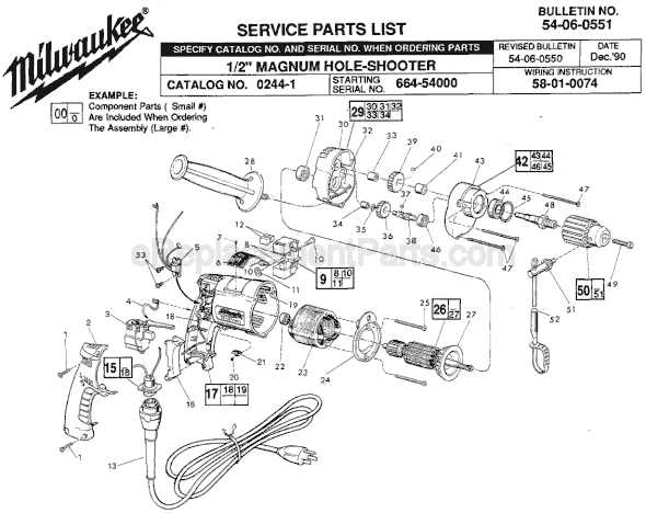 Page A Diagram and Parts List for 0244-1 SER 664-54000 Milwaukee Electric Drill