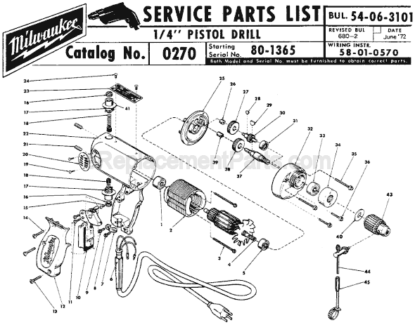 Page A Diagram and Parts List for 0270 SER 80-1365 Milwaukee Electric Drill