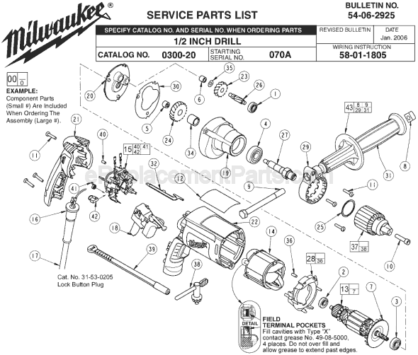 Page A Diagram and Parts List for 0300-20 SER 070A Milwaukee Electric Drill