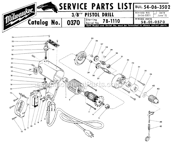 Page A Diagram and Parts List for 0370 SER 78-1110 Milwaukee Electric Drill