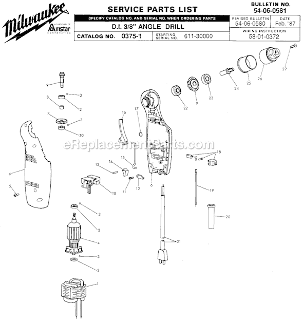 Page A Diagram and Parts List for 0375-1 SER 611-30000 Milwaukee Electric Drill