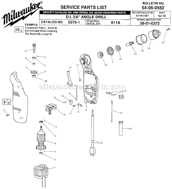Page A Diagram and Parts List for 0375-1 SER 611A Milwaukee Electric Drill