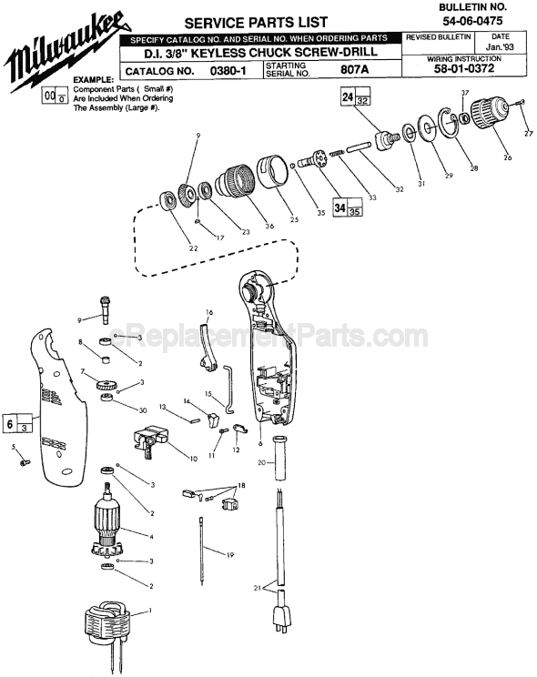 Page A Diagram and Parts List for 0380-1 SER 807A Milwaukee Electric Drill