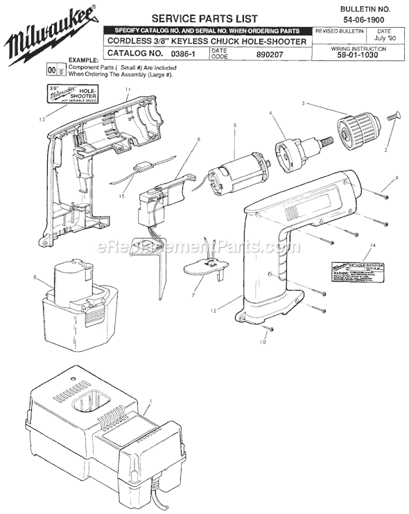 Page A Diagram and Parts List for 0386-1 SER 890207 Milwaukee Cordless Drill