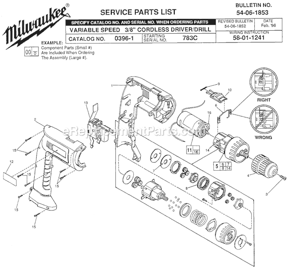 Page A Diagram and Parts List for 0396-1 SER 783C Milwaukee Cordless Drill