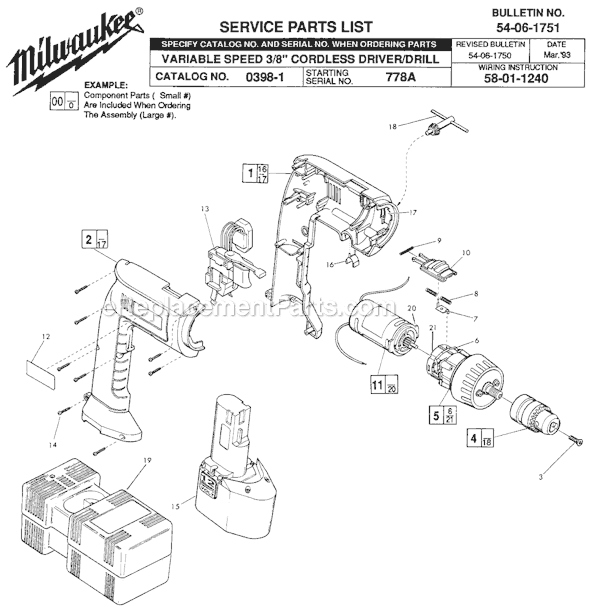 Page A Diagram and Parts List for 0398-1 SER 778A Milwaukee Cordless Drill