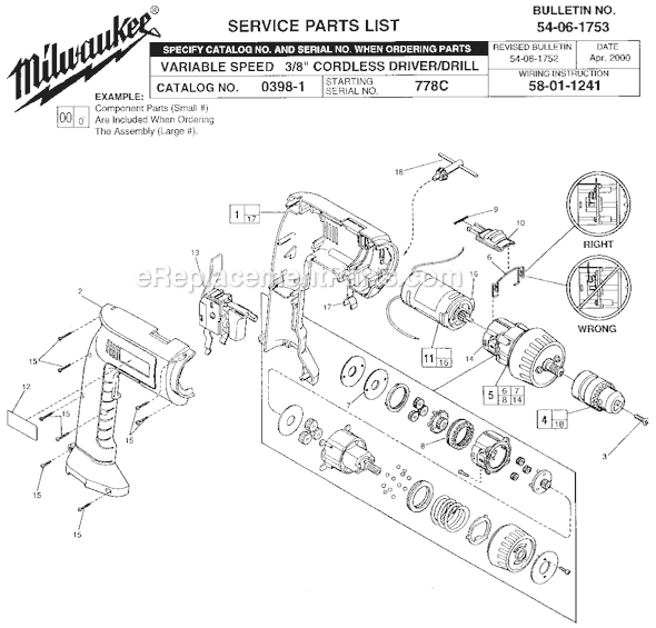 Page A Diagram and Parts List for 0398-1 SER 778C Milwaukee Cordless Drill