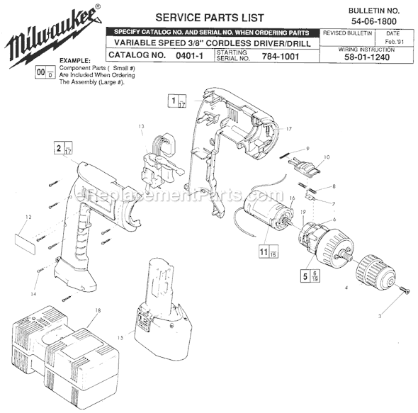 Page A Diagram and Parts List for 0401-1 SER 784-1001 Milwaukee Cordless Drill