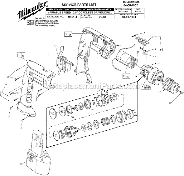 Page A Diagram and Parts List for 0401-1 SER 784B Milwaukee Cordless Drill