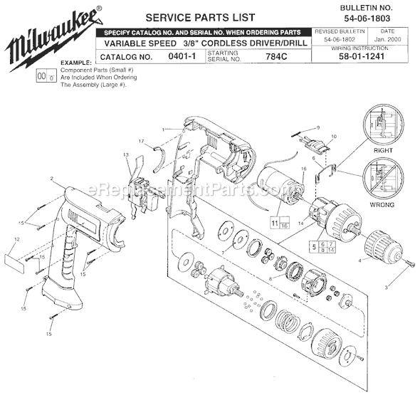Page A Diagram and Parts List for 0401-1 SER 784C Milwaukee Cordless Drill
