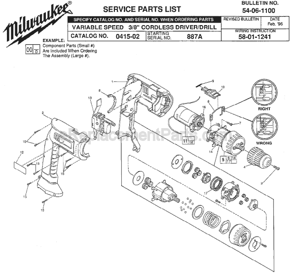 Page A Diagram and Parts List for 0415-02 SER 887A Milwaukee Cordless Drill