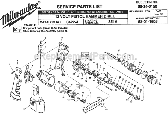 Page A Diagram and Parts List for 0422-4 SER 851A Milwaukee Hammer Drill