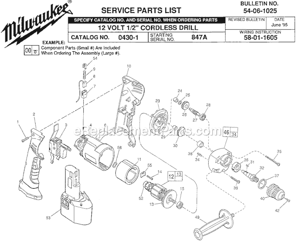 Page A Diagram and Parts List for 0430-1 SER 847A Milwaukee Cordless Drill