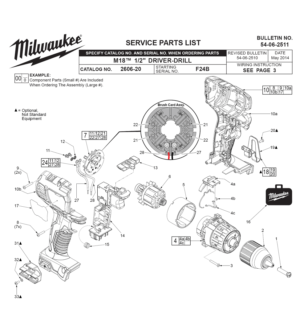 Fig-0 Diagram and Parts List for 2606-20 F24B Milwaukee Electric Drill