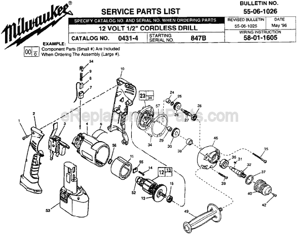 Page A Diagram and Parts List for 0431-4 SER 847B Milwaukee Cordless Drill