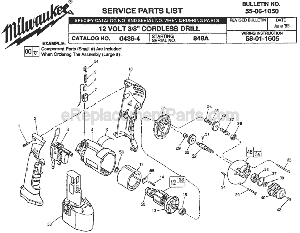 Page A Diagram and Parts List for 0436-4 SER 848A Milwaukee Cordless Drill