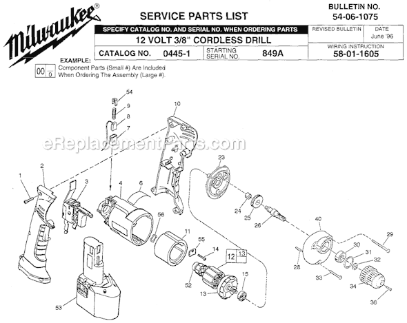 Page A Diagram and Parts List for 0445-1 SER 849A Milwaukee Cordless Drill