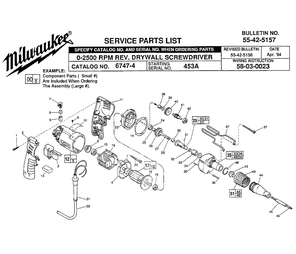Fig-0 Diagram and Parts List for 6747-4 453A-1 Milwaukee Electric Drill