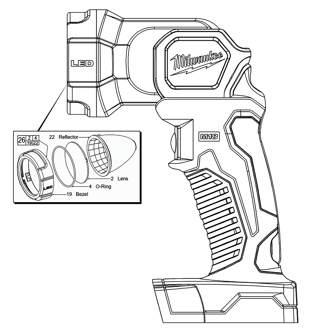 Fig-0 Diagram and Parts List for 2735-20 C12B Milwaukee Worklight & Flashlight