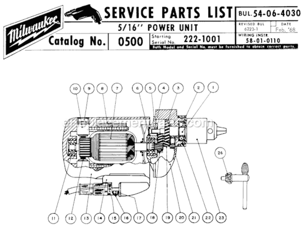 Page A Diagram and Parts List for 0500 SER 222-1001 Milwaukee Charger
