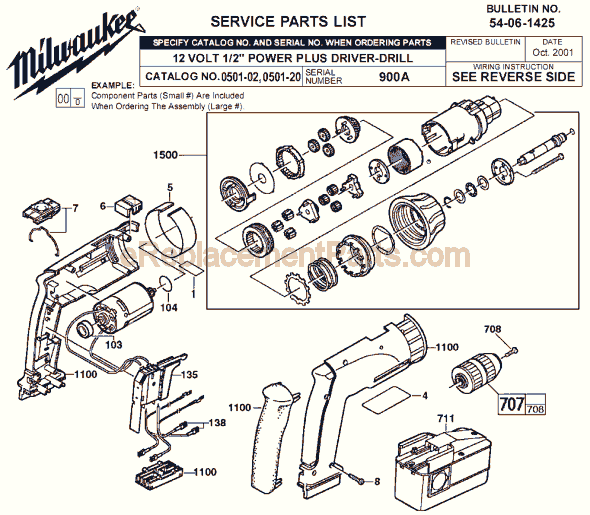 Page A Diagram and Parts List for 0501-20 SER 900A Milwaukee Cordless Drill