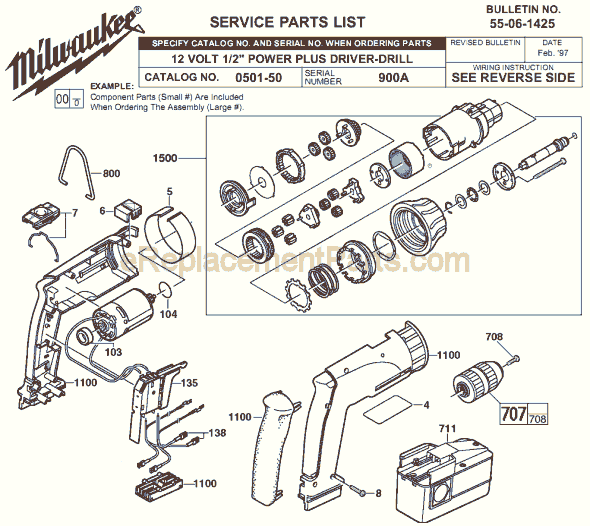 Page A Diagram and Parts List for 0501-50 SER 900A Milwaukee Cordless Drill