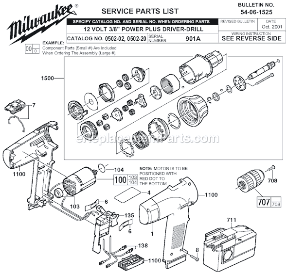 Page A Diagram and Parts List for 0502-02 SER 901A Milwaukee Cordless Drill