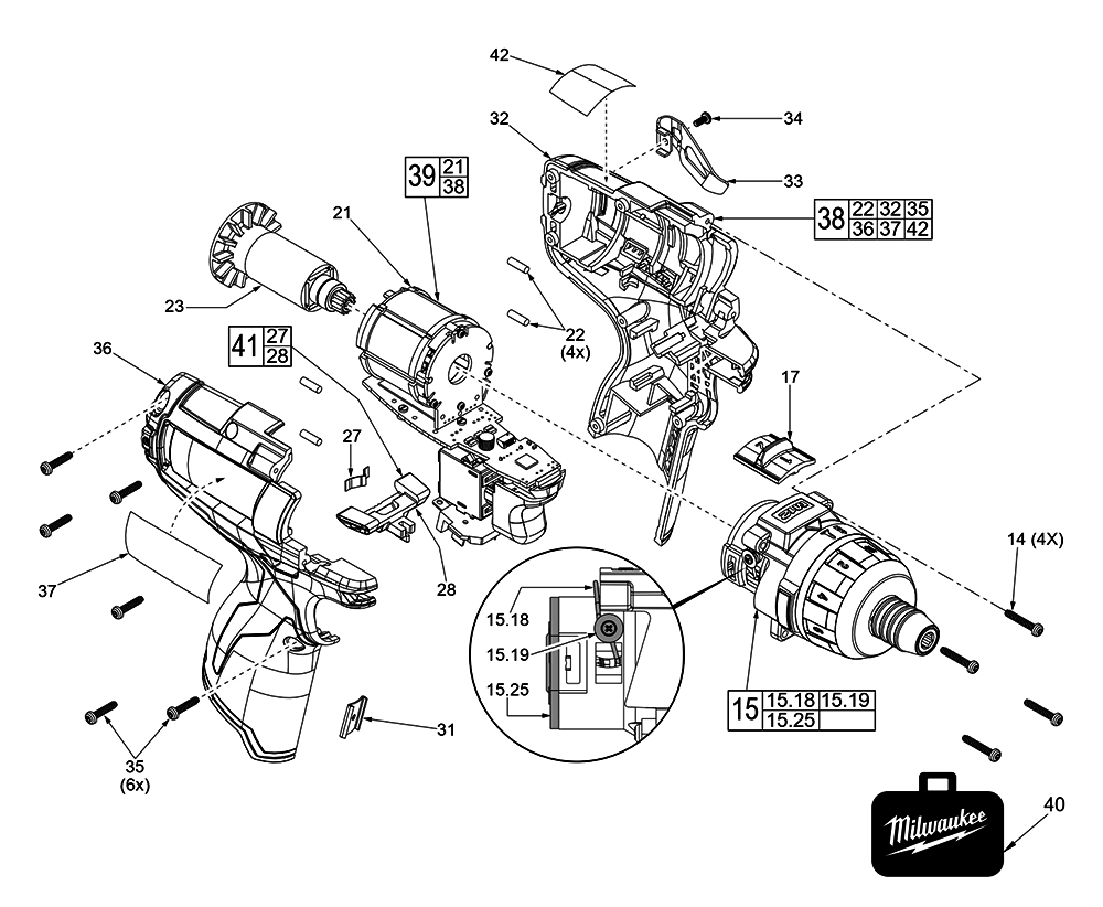 Fig-0 Diagram and Parts List for 2402-059 F15A Milwaukee Electric Drill