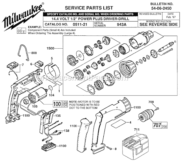 Page A Diagram and Parts List for 0511-21 SER 943A Milwaukee Cordless Drill