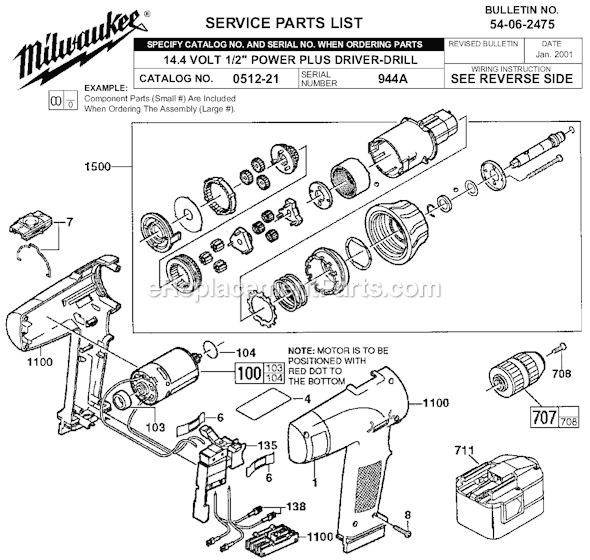 Page A Diagram and Parts List for 0512-21 SER 944A Milwaukee Cordless Drill
