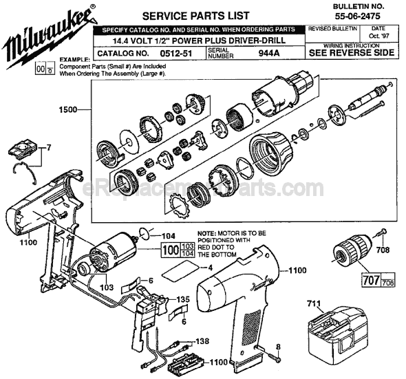 Page A Diagram and Parts List for 0512-51 SER 944A Milwaukee Cordless Drill