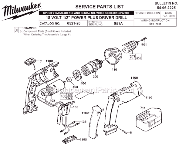 Page A Diagram and Parts List for 0521-20 SER 951A Milwaukee Cordless Drill