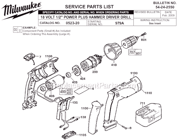 Page A Diagram and Parts List for 0523-20 SER 979A Milwaukee Cordless Drill