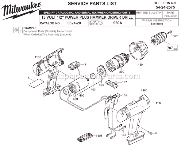 Page A Diagram and Parts List for 0524-20 SER 980A Milwaukee Cordless Drill