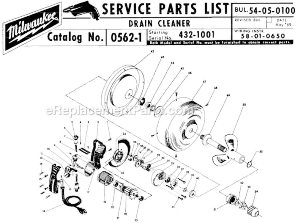 Page A Diagram and Parts List for 0562-1 SER 432-1001 Milwaukee Drain Cleaner