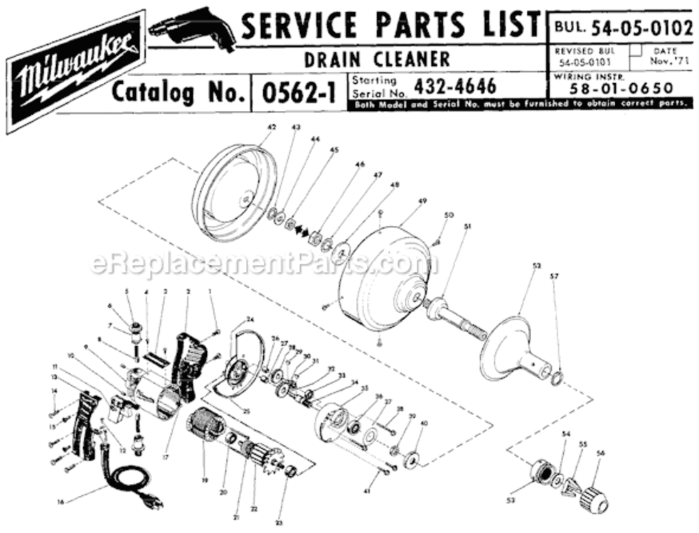 Page A Diagram and Parts List for 0562-1 SER 432-4646 Milwaukee Drain Cleaner