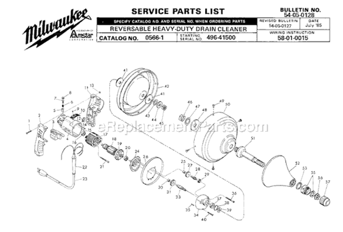 Page A Diagram and Parts List for 0566-1 SER 496-41500 Milwaukee Drain Cleaner