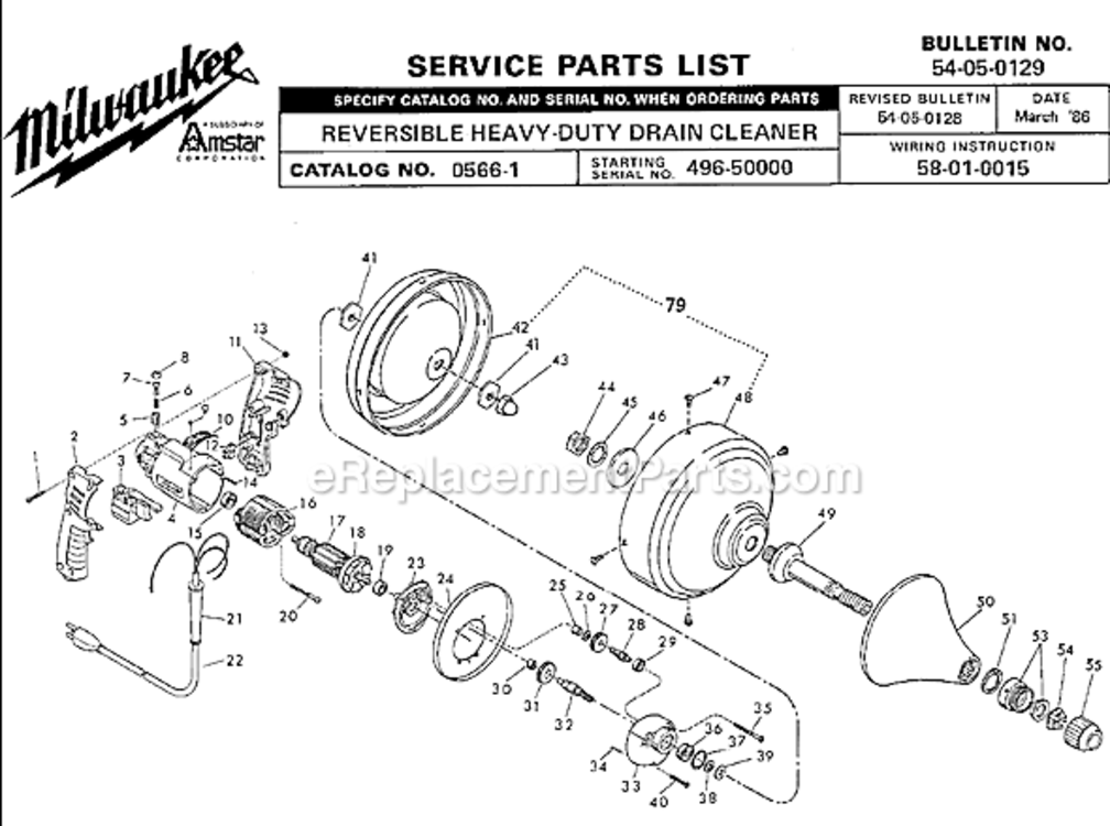 Page A Diagram and Parts List for 0566-1 SER 496-50000 Milwaukee Drain Cleaner